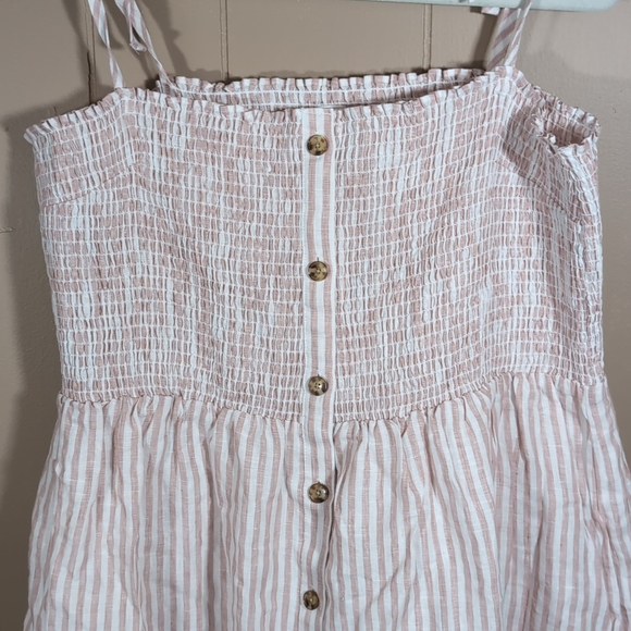 Gap NWT Linen Dress Size XL Pink White Stripe Summer Smocked Buttoned Strappy - Picture 2 of 10